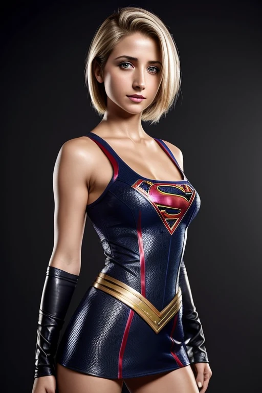 Gorgeous european woman with very short hair, wet hair, hair slicked back, combed straight back, slick hair, streaked blonde hair, seductive pose, allison mack, dressed in a revealing supergirl superhero costume, cleavage, solid dark grey background