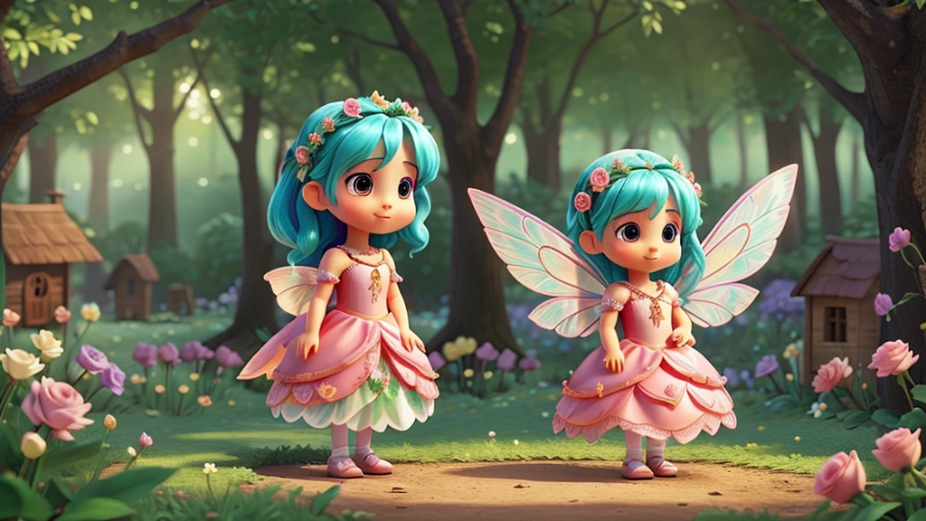Create a beautiful fairy with shiny wings and a beautiful rose dress in a forest of flowers and make her find several sad rabbits in the forest in their little houses