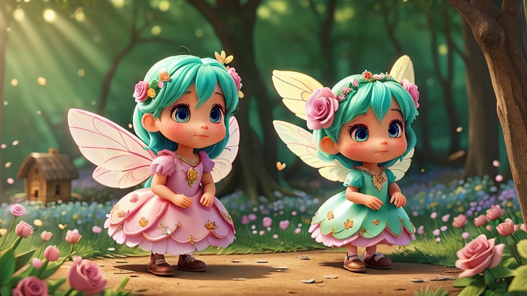 Create a beautiful fairy with shiny wings and a beautiful rose dress in a forest of flowers and make her find several sad rabbits in the forest in their little houses