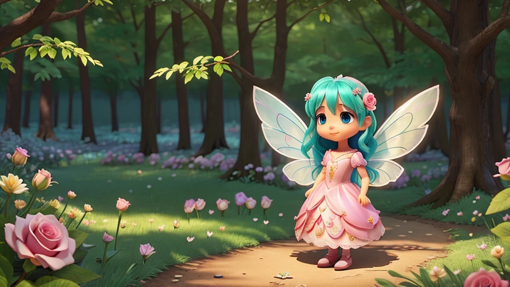 Create a beautiful fairy with shiny wings and a beautiful rose dress in a forest of flowers and make her find several sad rabbits in the forest in their little houses