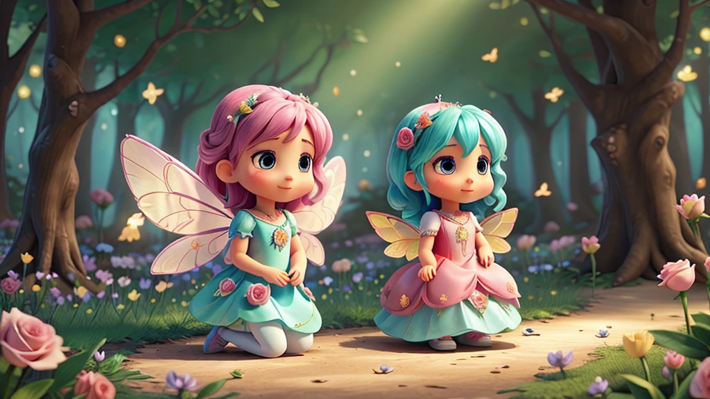 Create a beautiful fairy with shiny wings and a beautiful rose dress in a forest of flowers and make her find several sad rabbits in the forest in their little houses