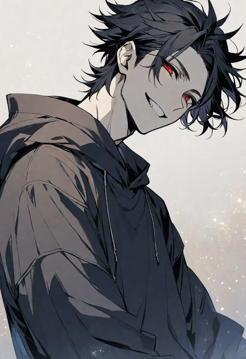 Solo,handsome, monotone,
1. male,
bangs,Bob Hair, the back of one's neck,
black hair,
Gojo Satoru ,
red Eyes,Soft look,
beautiful,sexly,Darkness,gold necklace,
oversize black hoodie ,smile,
simple background ,
star sky background,