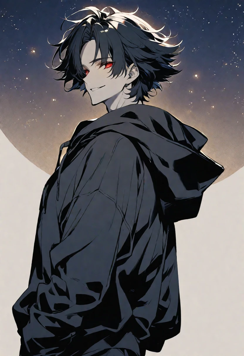 Solo,handsome, monotone,
1. male,
bangs,Bob Hair, the back of one's neck,
black hair,
Gojo Satoru ,
red Eyes,Soft look,
beautiful,sexly,Darkness,gold necklace,
oversize black hoodie ,smile,
simple background ,
star sky background,