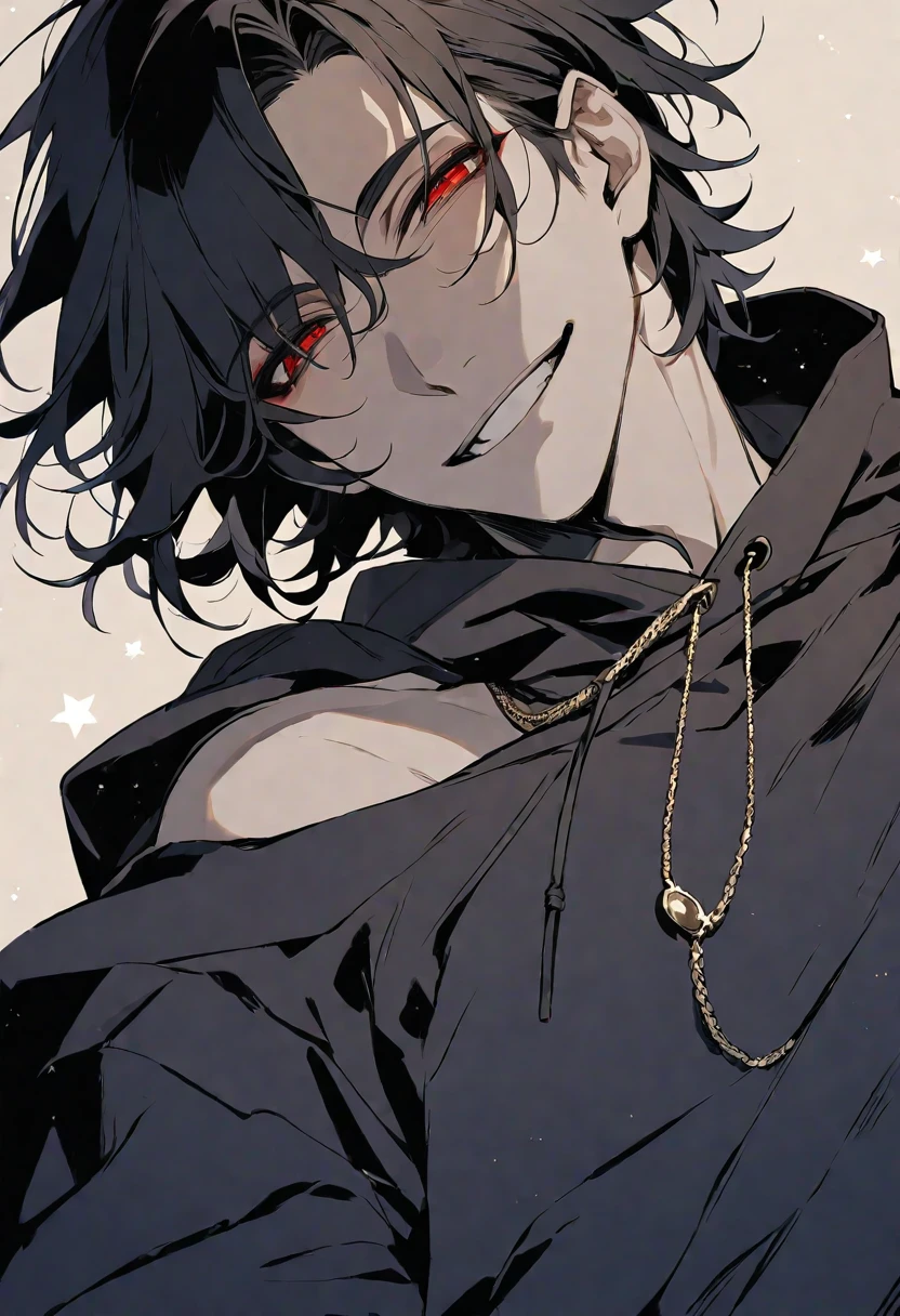 Solo,handsome, monotone,
1. male,
bangs,Bob Hair, the back of one's neck,
black hair,
Gojo Satoru ,
red Eyes,Soft look,
beautiful,sexly,Darkness,gold necklace,
oversize black hoodie ,smile,
simple background ,
star sky background,