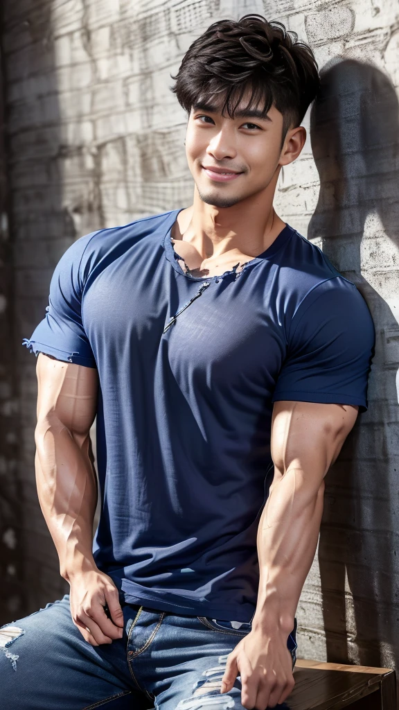 (Create a masterpiece), (CGI art),(realistic), (Sharp focus),  korean men 1 คนบาดเจ็บโดนจับมัด, (Wear a navy tight T-shirt.:1.3), jeans, korean men, chest muscles, large arm muscles, blood vessel, big muscles, Broad shoulders, looking at the audience, Balancing eye contact), (Big bulge: 1.4), (Torn shirt: 1.5), (Torn shirtวิ้น: 1.6), (Close your eyes..), (smile: 1.3), (Blood stains.: 1.2) ,Sitting on a table in a dark prison ,chip, His arms were tied with rope.., Hands crossed behind your back..,((Torn injection shirt)), ((Torn shirt)), , Abrasions on the body... ,Abrasions,( blood splatter), Abrasions on the face , dark cave