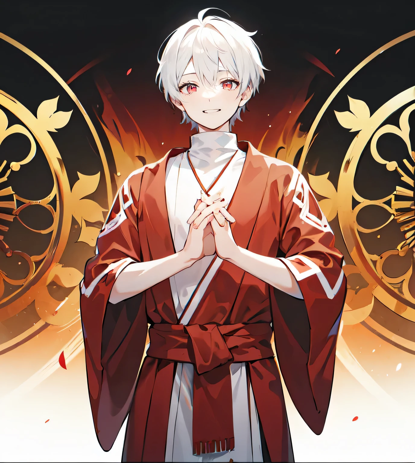 A boy with short white hair and red eyes... , white turtleneck , Red cloth around the waist , Hands together in prayer , dazed face, smile a little , The background is heaven in Buddhism. , The wheel of life is behind. , head-foot , flashy colors , distant view , The character is in the center of the picture.