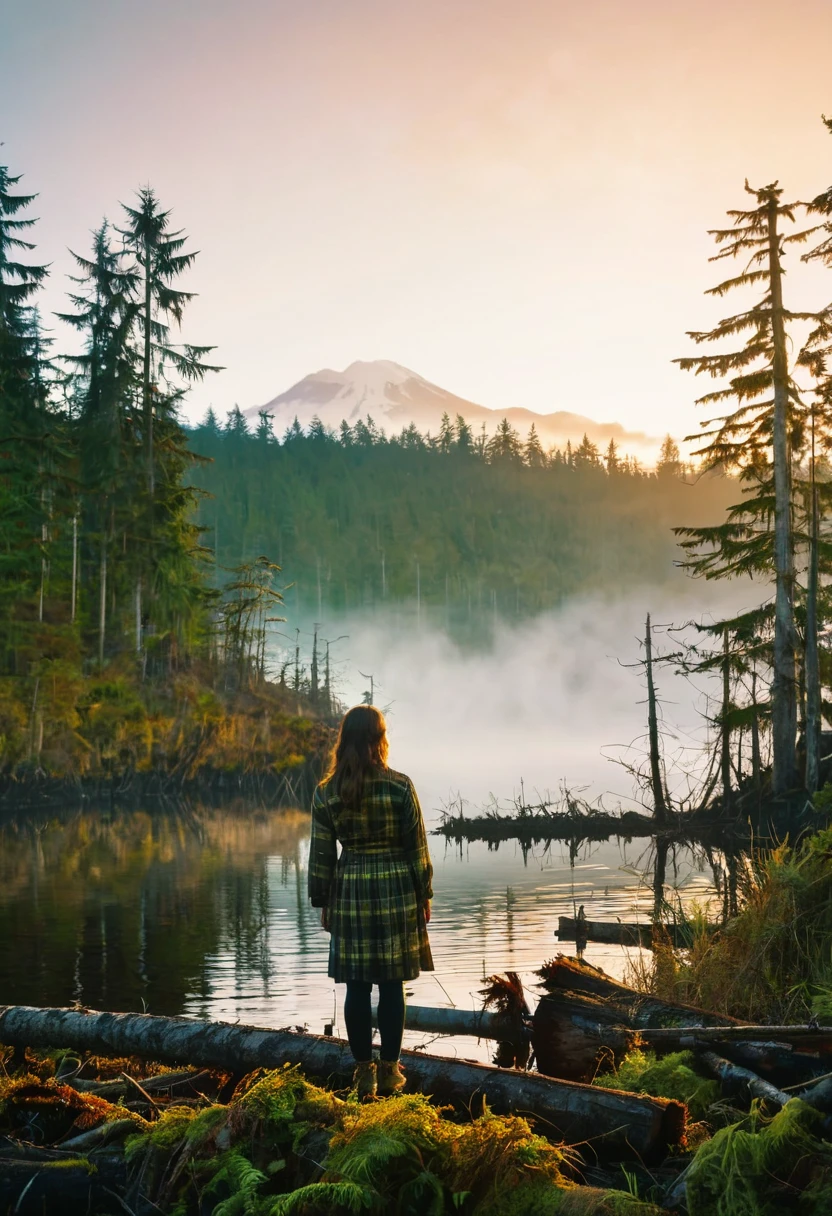 double exposure, The story set 1924 in Seattle, a woman stand on natural land, background Nimpkish Lake at a logging northern Vancouver Island, sunset, great golden hour, fog, saturated