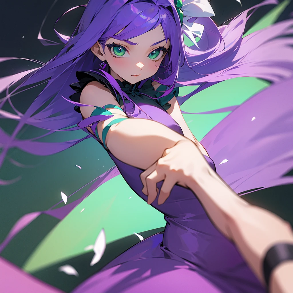 Teenage, girl, beautiful, (purple hair), (emerald green eyes), wearing a dress