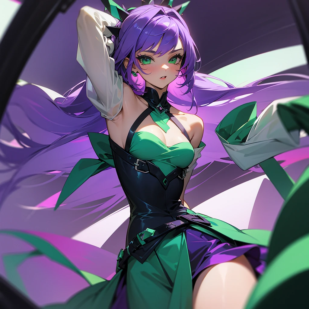 Teenage, girl, beautiful, (purple hair), (emerald green eyes), wearing a dress