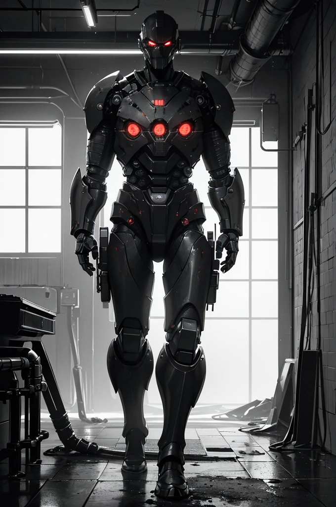 A highly advanced, menacing robot army, detailed hydraulic machinery, gears and pistons, gleaming chrome and steel, ominous industrial setting, human body parts scattered, pools of blood, sinister expressions, dystopian sci-fi horror atmosphere, dramatic lighting, muted color palette, cinematic composition, (best quality,4k,8k,highres,masterpiece:1.2),ultra-detailed,(realistic,photorealistic,photo-realistic:1.37),dramatic lighting,dark moody atmosphere,cinematic,horror,science fiction,industrial,dystopian,mechanical,chrome,steel,gears,hydraulic,menacing,sinister,gruesome,slaughter,blood,body parts,dramatic,muted colors
