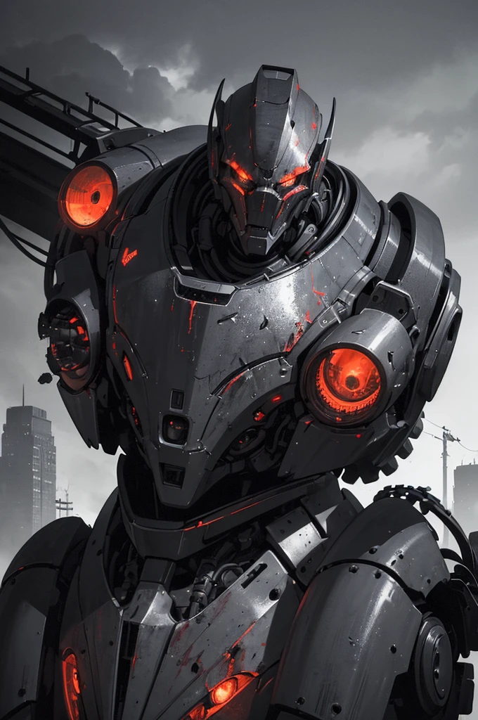 A highly advanced, menacing robot army, detailed hydraulic machinery, gears and pistons, gleaming chrome and steel, ominous industrial setting, human body parts scattered, pools of blood, sinister expressions, dystopian sci-fi horror atmosphere, dramatic lighting, muted color palette, cinematic composition, (best quality,4k,8k,highres,masterpiece:1.2),ultra-detailed,(realistic,photorealistic,photo-realistic:1.37),dramatic lighting,dark moody atmosphere,cinematic,horror,science fiction,industrial,dystopian,mechanical,chrome,steel,gears,hydraulic,menacing,sinister,gruesome,slaughter,blood,body parts,dramatic,muted colors