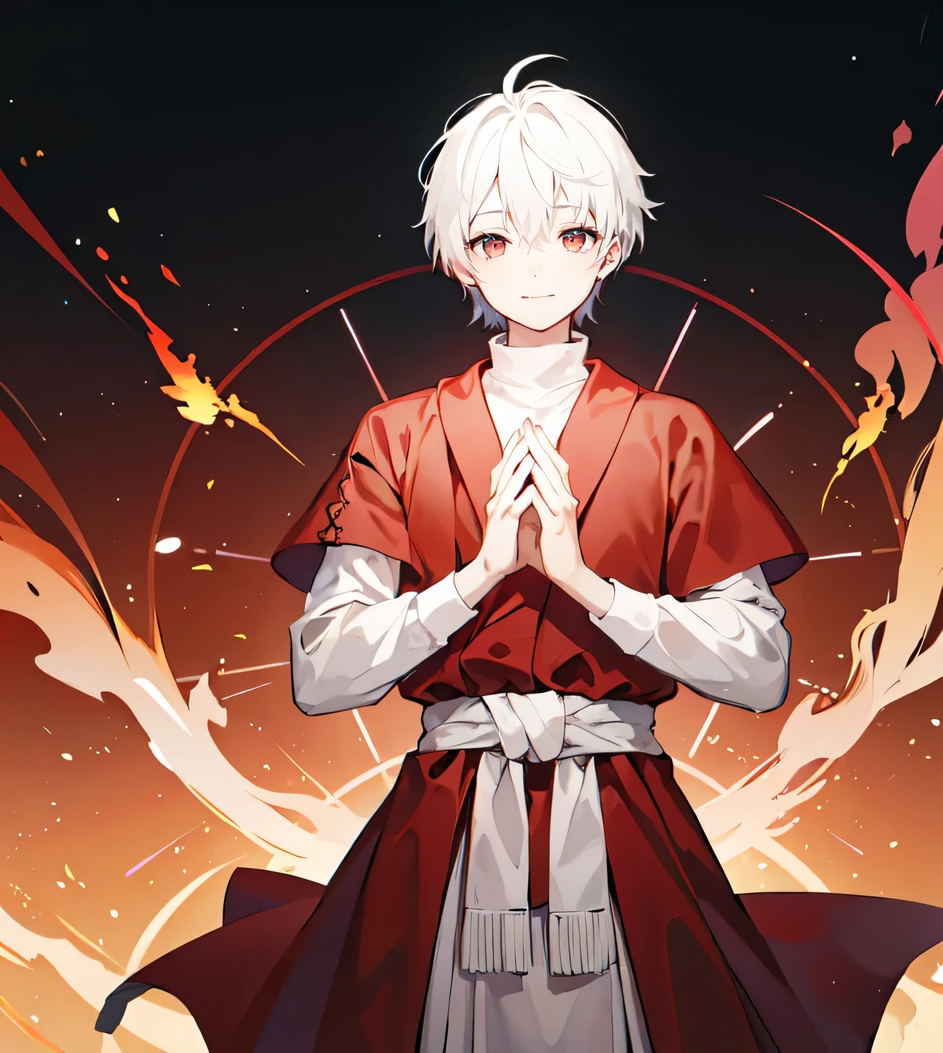 A boy with short white hair and red eyes... , white turtleneck , Red cloth around the waist , Hands together in prayer , dazed face, smile a little , The background is heaven in Buddhism. , The wheel of life is behind. , head-foot , flashy colors , distant view , The character is in the center of the picture.