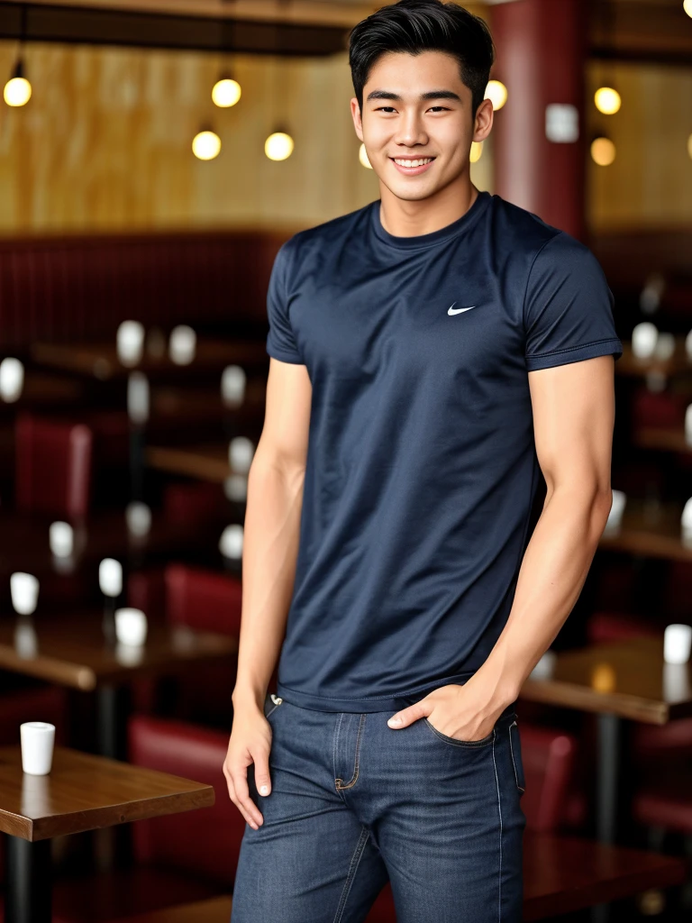 single: 1.5, (ที่TRUEแล้ว, Masterpiece, 8k HD, good light quality, sportswear, to fit the face, complicated details), A handsome Korean man with muscular arms.. , 20 years old, be happy, smile brightly, detailed face, delicate eyes, look at the sky, Wear a navy tight T-shirt..:1.6 ,Wear a denim coat.., Jeans era, black eyes, Black hair color, ผมsmooth, smooth,SurTRUE,Excellent details,Highest quality,TRUE,Open your mouth to talk.. , Close your eyes.., (Standing in a restaurant:1.5)