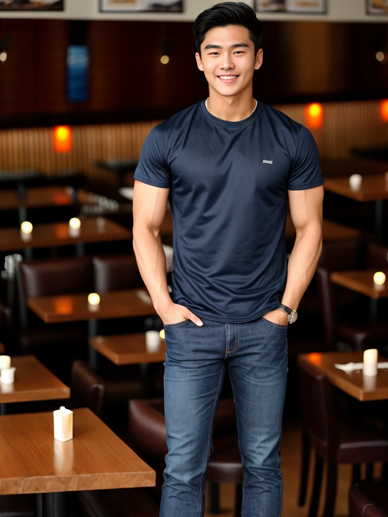single: 1.5, (ที่TRUEแล้ว, Masterpiece, 8k HD, good light quality, sportswear, to fit the face, complicated details), A handsome Korean man with muscular arms.. , 20 years old, be happy, smile brightly, detailed face, delicate eyes, look at the sky, Wear a navy tight T-shirt..:1.6 ,Wear a denim coat.., Jeans era, black eyes, Black hair color, ผมsmooth, smooth,SurTRUE,Excellent details,Highest quality,TRUE,Open your mouth to talk.. , Close your eyes.., (Standing in a restaurant:1.5)