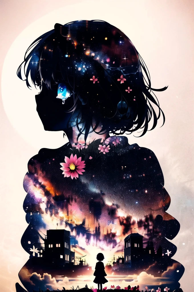 masterpiece, Highest quality, (silhouette:1.3), short hair, Glowing Eyes, Beautiful Eyes, star (null), profile, flower, tears,