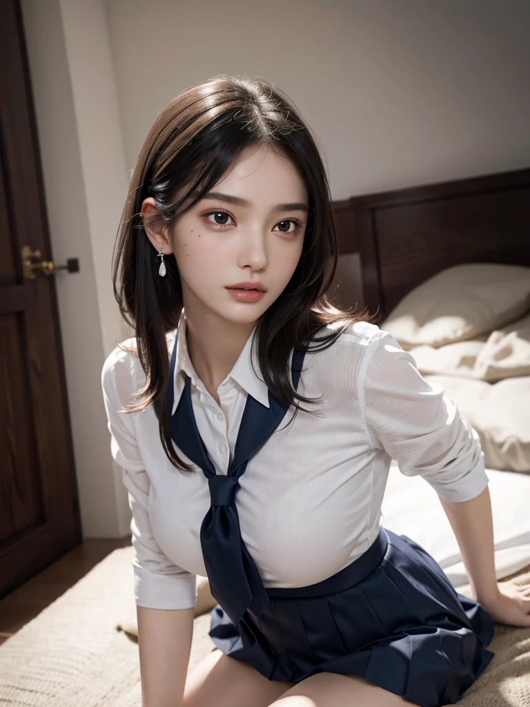 absurdres, RAW photo, extremely delicate and beautiful, masterpiece, Best Quality, ultra high resolution, 32k, hyperrealistic, ultra-detailed, perfect anatomy, super Detailed skin, perfect figure, Super Beauty, Perfect Style, Perfect balance, 20 years old, very small head, very small face, delicate facial features, detailed face, detailed eyes, tearful mole, earring, (very huge round breasts), legs, medium hair, whole body shot, (school_uniform), indoor,