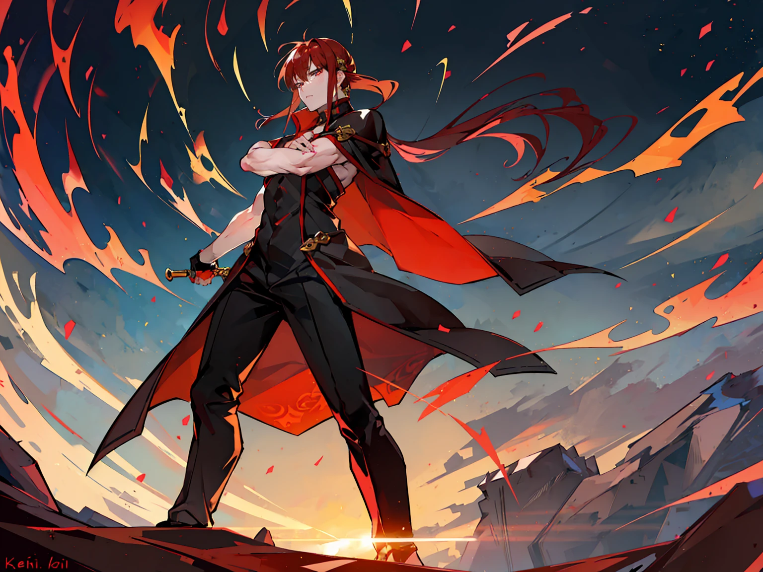 Name: Kai
Age: Around 25 years old
Appearance:
Kai stands tall and lean, with a confident posture that reflects his mastery over elemental magic. His eyes are a striking shade of amber, often glinting with the flickering flames of his fire magic. His face is so handsome and good-looking with sexy body.His hair is a tousled mix of fiery red and gold, reminiscent of a blazing sunset, often tied back in a practical ponytail to keep it out of his face during battles. He carries himself with a calm demeanor, though his expressions can shift swiftly from thoughtful contemplation to fierce determination when faced with challenges.