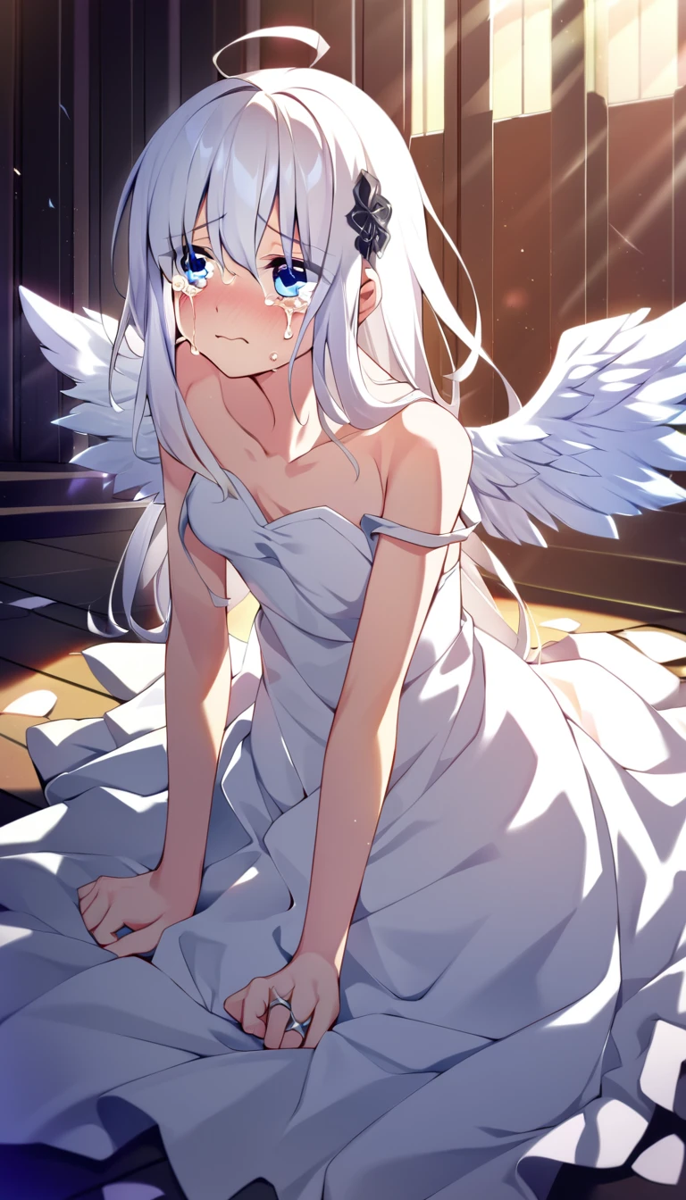 one girl, fallen angel, angel wing, angel ring, sacred, cute, naive, crying, 15 years old, beautiful, light blue eyes, white dress, white hair, hurt