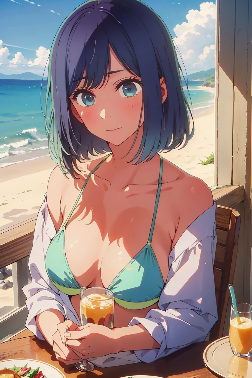 (Highest quality:1.4、masterpiece:1.4、Super detailed:1.4、8k:1.4)、((((1 person、Surprised expression、sit、Indoor cafe terrace、coastal、juice、table、Sandy Beach、juiceのグラスを持つ、Micro Bikini、Very soft 、Big eyes、Very cute face))))、F cup bust、Medium breast、Underboob