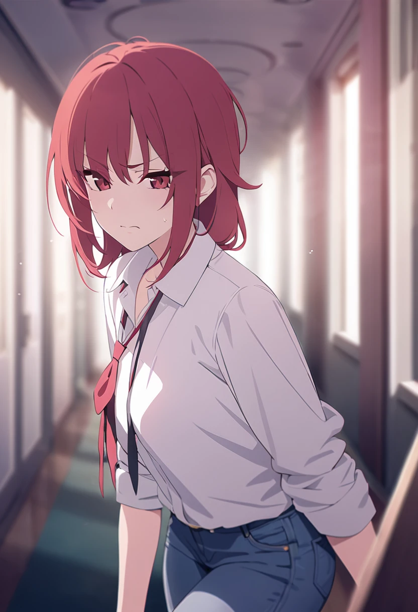 masterpiece,best quality,depth of field,8k,red hair,Red eyes,wseifuku,white shirt,chic,(charismatic eyes 1:1),jeans,female,frowning,alone,corridor,