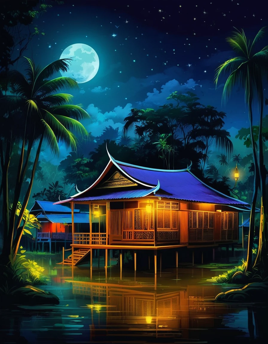 digital art paintings Shows Thai houses and the way of life of Thai people. Life in those days, year 2200, picture of a dark night Proper picture arrangement