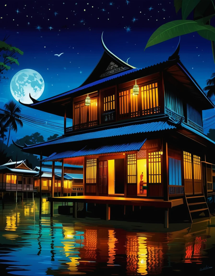 digital art paintings Shows Thai houses and the way of life of Thai people. Life in those days, year 2200, picture of a dark night Proper picture arrangement