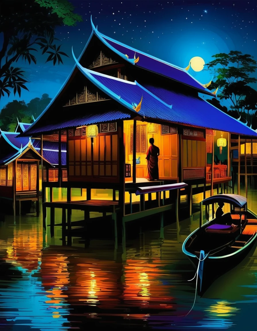 digital art paintings Shows Thai houses and the way of life of Thai people. Life in those days, year 2200, picture of a dark night Proper picture arrangement