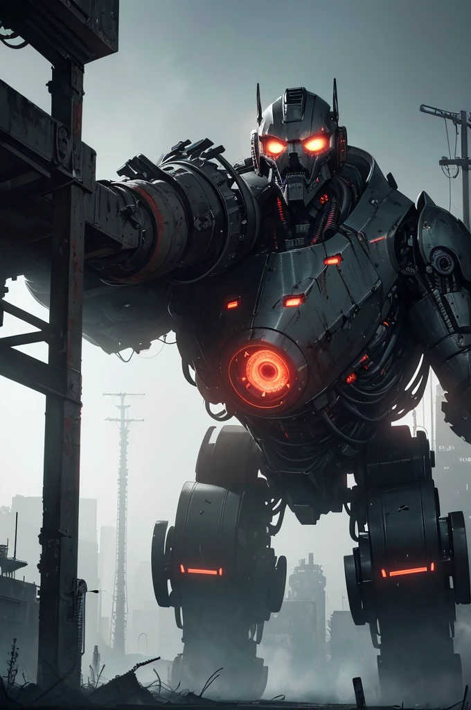 A highly advanced, menacing robot army, detailed hydraulic machinery, gears and pistons, gleaming chrome and steel, ominous industrial setting, human body parts scattered, pools of blood, sinister expressions, dystopian sci-fi horror atmosphere, dramatic lighting, muted color palette, cinematic composition, (best quality,4k,8k,highres,masterpiece:1.2),ultra-detailed,(realistic,photorealistic,photo-realistic:1.37),dramatic lighting,dark moody atmosphere,cinematic,horror,science fiction,industrial,dystopian,mechanical,chrome,steel,gears,hydraulic,menacing,sinister,gruesome,slaughter,blood,body parts,dramatic,muted colors
