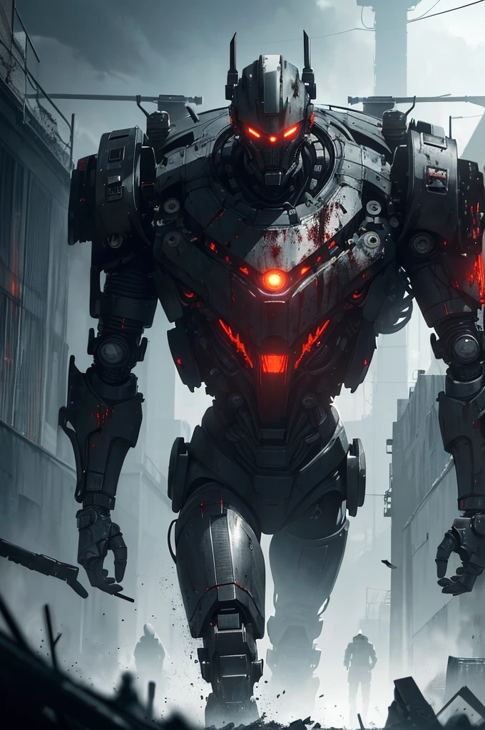 A highly advanced, menacing robot army, detailed hydraulic machinery, gears and pistons, gleaming chrome and steel, ominous industrial setting, human body parts scattered, pools of blood, sinister expressions, dystopian sci-fi horror atmosphere, dramatic lighting, muted color palette, cinematic composition, (best quality,4k,8k,highres,masterpiece:1.2),ultra-detailed,(realistic,photorealistic,photo-realistic:1.37),dramatic lighting,dark moody atmosphere,cinematic,horror,science fiction,industrial,dystopian,mechanical,chrome,steel,gears,hydraulic,menacing,sinister,gruesome,slaughter,blood,body parts,dramatic,muted colors
