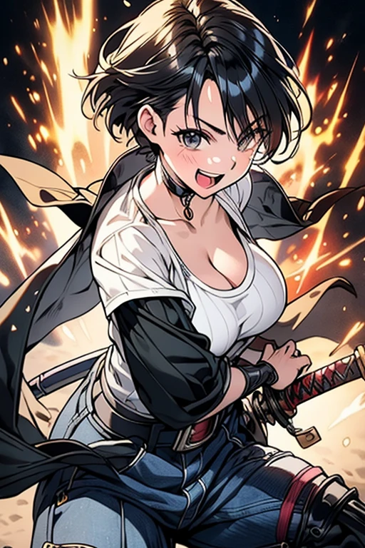 masterpiece, Highest quality, Adult women,Very detailed,Black eyes,European facial structure,,Natural Beauty,Cinematic,Breasts are moderately sized 10.0,An expression of joy,Open Mouth Smile,T-shirt and denim pants,Cleavage,Samurai Sword Drawing Technique 1000.0,A samurai unsheathing his sword 1000.0,The length of the sheath is 1.5 m,Powerful and powerful pose 5.0,Extremely fine and intricate detail,Skilled Technology,Low posture,