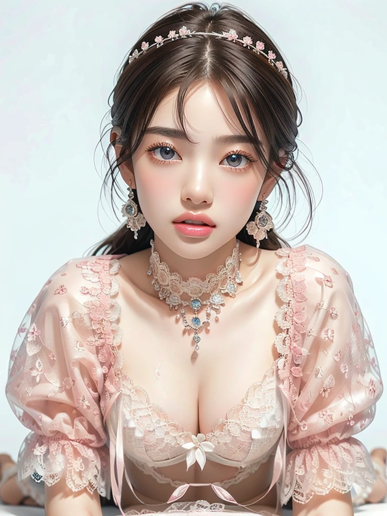 White Background、Professional Lighting、(((Professional Lighting 1.5)))、Translucent skin texture、Beautiful Skin、Beautiful Skin、、(((Whitening 1.5)))、、、音符のEcstasy、((Pink lace bra 1.5))、、Mid-shot photo、Simple earrings and necklace、((white hair))、Tie your hair up、sex appeal、Sex Appeal、Ecstasy、(((On all fours 1.5))、(((1.85)))