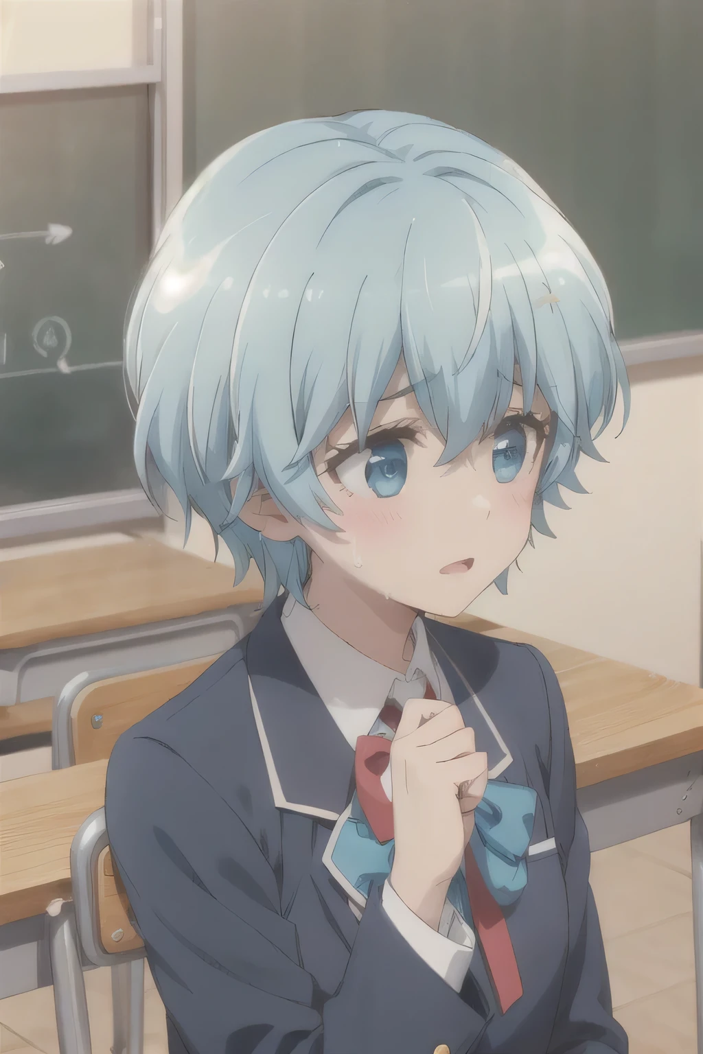 short hair,Blue Hair,Acting cute,worry,nervous,Sweating,JK school uniform
