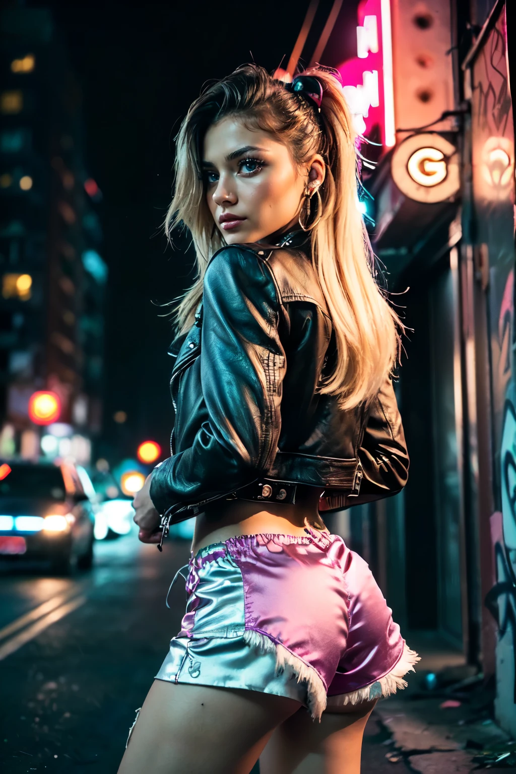 (Ultra-detailed eyes), (((textile shading))), (((Best Quality))), (((materpiece))), (((Ultra-detailed CG))), sassy 18 years old american girl, (((magical little girl))), (Petite), (tiny chest), blonde  wavy hair with pink streaks, ((gorgeous hair)), Pink eyes, (((punk girl, leather jacket, y2k ripped satin shorts))), ((striking a pose)), (((Game CG)) (gorgeous, sassy, it girl), fancy jewelry, graffiti-covered walls,neon lights,vibrant colors,night scene,gritty atmosphere,4K, strong punk atmosphere, cowboy shot, midshot, centered image, eye on camera, daylight,satin Shorts,sexy Ass,