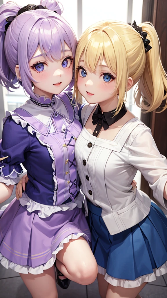 Two Girls、Blonde、Bob Hair、Golden Eyes、ColorPurple、Blonde、ponytail、Pale blue eyes、Color: Blue、Idol、Fluffy skirt、dance、fine