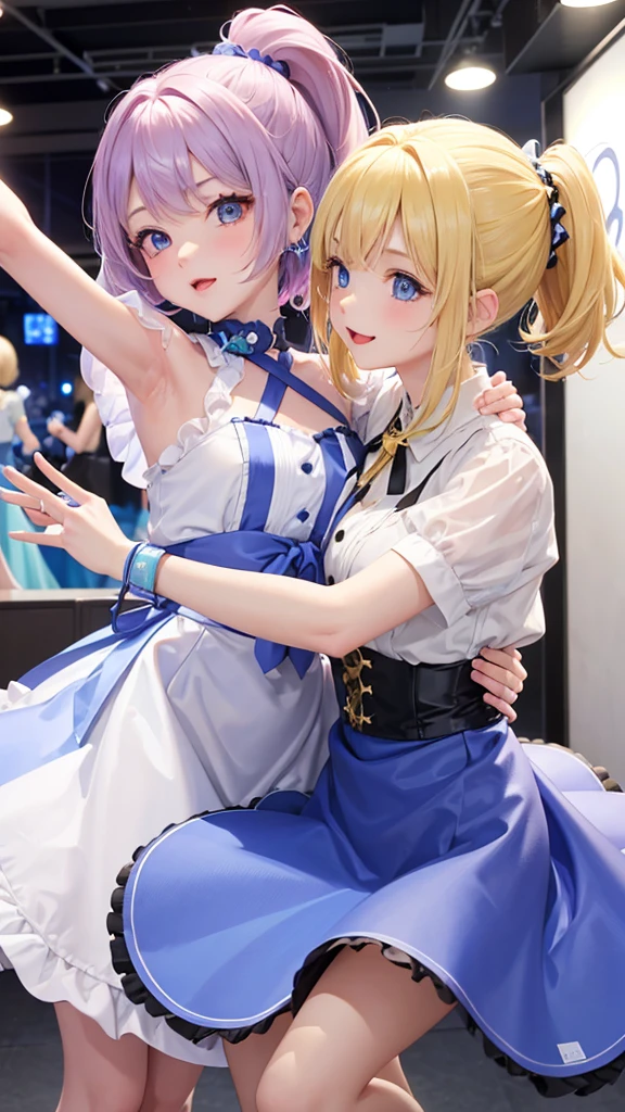 Two Girls、Blonde、Bob Hair、Golden Eyes、ColorPurple、Blonde、ponytail、Pale blue eyes、Color: Blue、Idol、Fluffy skirt、dance、fine