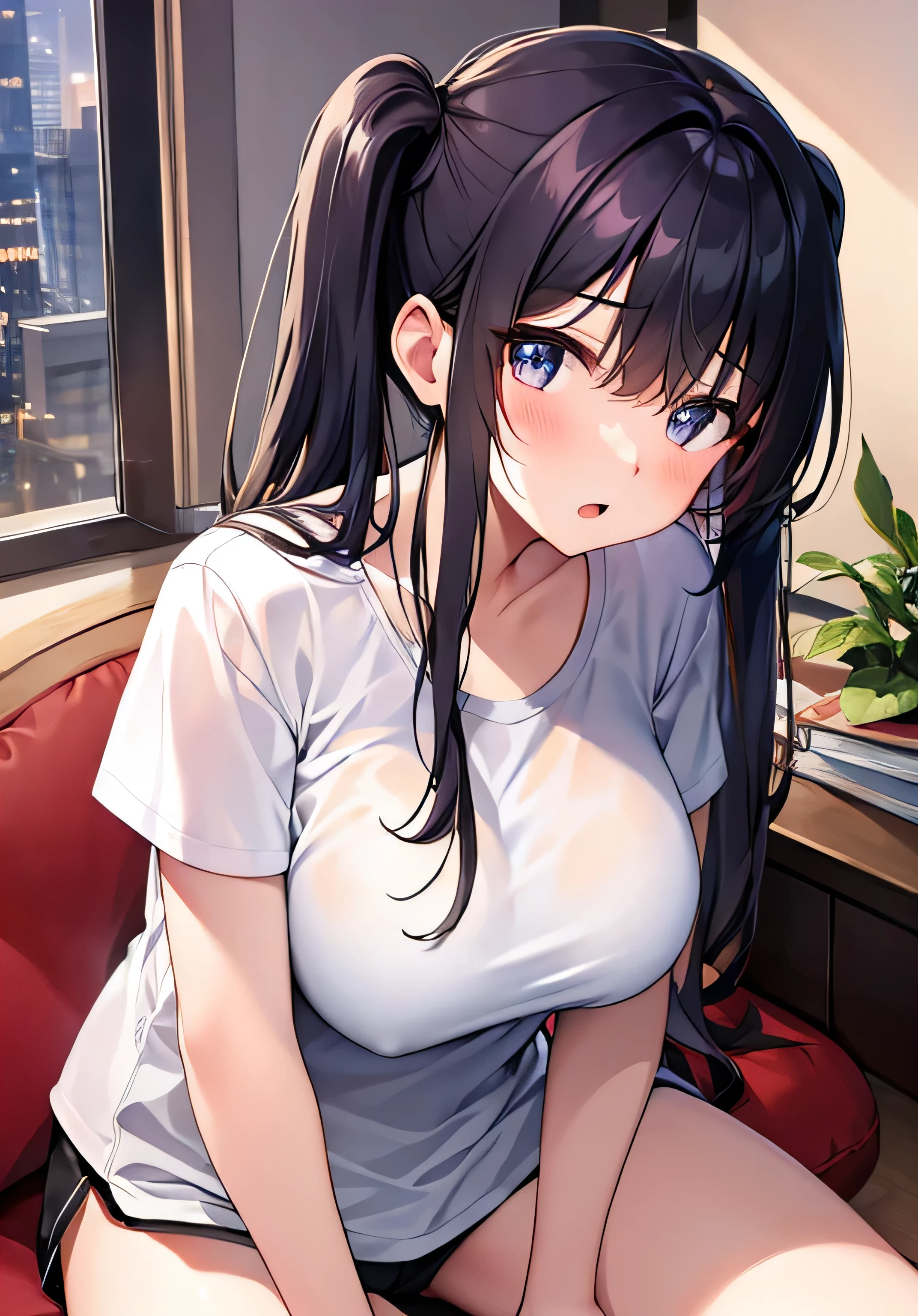 masterpiece、Highest quality、Ultra-high resolution、teenage girl with big breasts、twin tail hairstyle、black hair、Red face、shyly、open your mouth just a little、white T-shirt、loungewear shorts、inside lounge room、sitting on the sofa、at night time