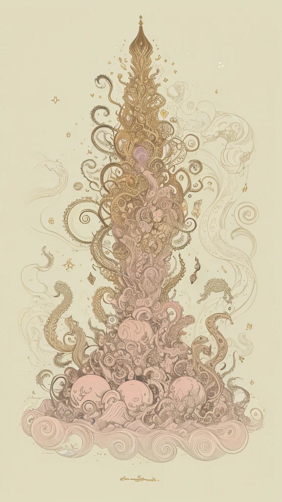 Golden Buddha,Cthulhu gods,Pink tentacles,Lovecraftian gods。The vast universe,The vast starry sky,Diffuse clouds,Crazy monsters,Twisted monsters,Lovecraft atmosphere,lovecraftian background,Lovecraftian inspiration。Surrealism,Abstract Art。