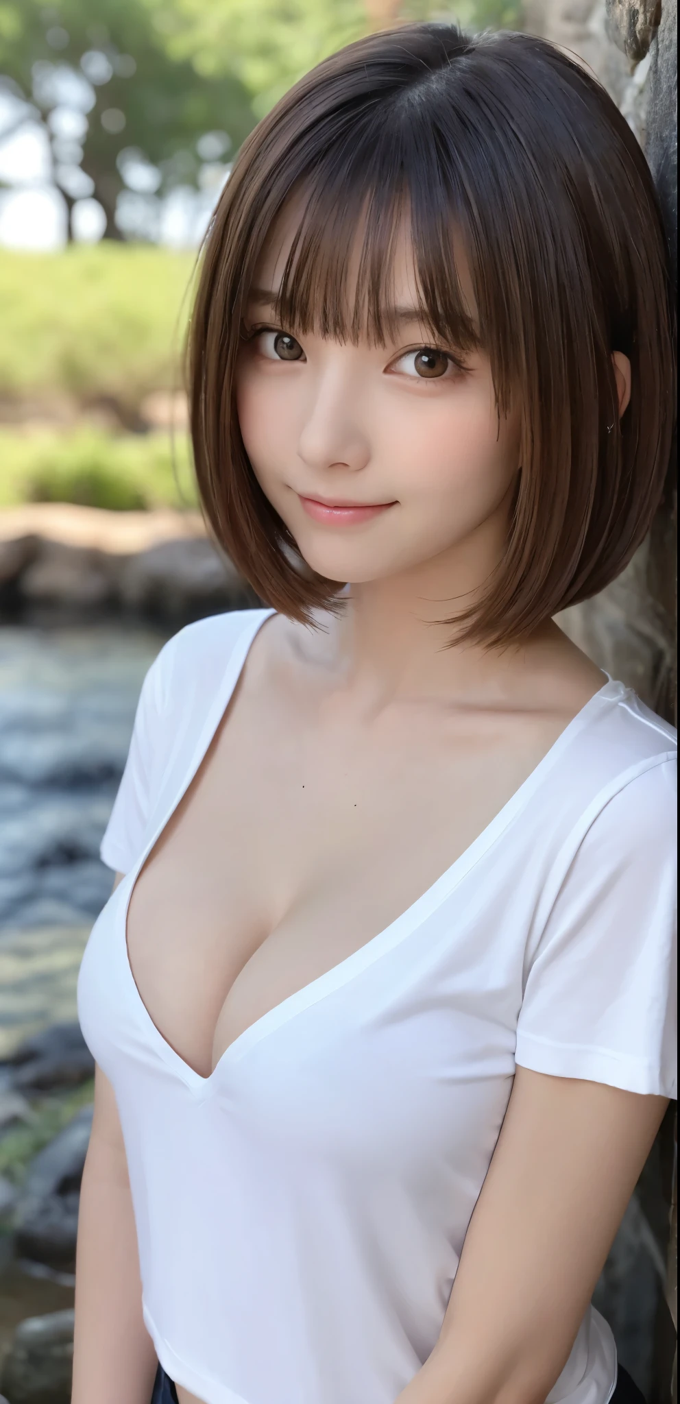 One Girl, (Beautiful girl, Delicate girl:1.3), (:1.3),
break, (Plain T-shirt:1.2),
break, (Small waterfall background:1.2),
break, smile, Very beautiful eyes, (Symmetrical eyes:1.3),
break, (Big Breasts:1.3), Brown eyes, Parted bangs, Brown bob cut hair, Round face, cute,
break, (Eye and facial details:1.0),
break, (masterpiece, Highest quality, Super detailed, Detailed face, 8K)