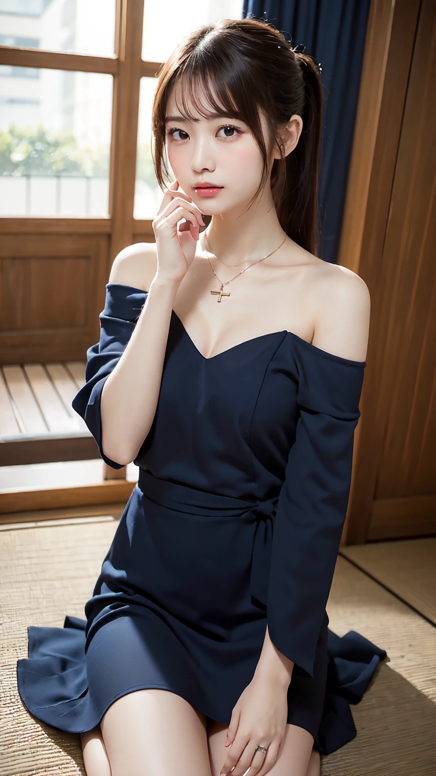 body、Full body Esbian、Leaning forward, hands on knees、Lift your hips up、Very small waist、(Very large breasts:1.3)、ponytail、Plump thighs、Natural Skin、Ultra-thin face、 Extremely thin hands, very thin fingers, Optimal ratio、Surreal, ((Cute Dresses、Too much exposed skin、Off the shoulder、The length is short and the thighs are visible))、Blushing cheeks、body covered in 、Cross Necklace、((18-year-old female:1.2))、Young and adorable Japanese face, Official Art,非常に精細なCG Unity 8k壁紙,(masterpiece:1.0),(Highest quality:1.0), Very detailed, photo shoot, 8k, Hmph, High resolution, Kodak Portrait 400, Film Grain, Lens Flare Glow,Portrait Shot,Show Viewer
