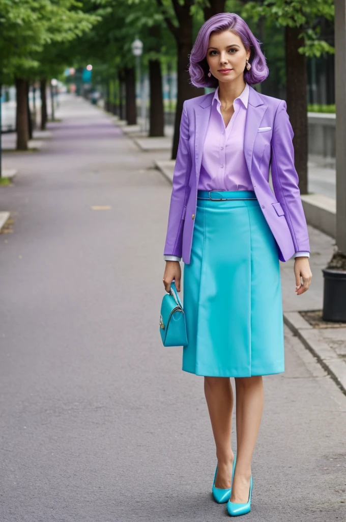 uniform like a stewardess with a blezer and that has the combination of lilac and turquoise colors,that has lilac or turquoise details and that makes it look elegant but in a skirt and without a tie