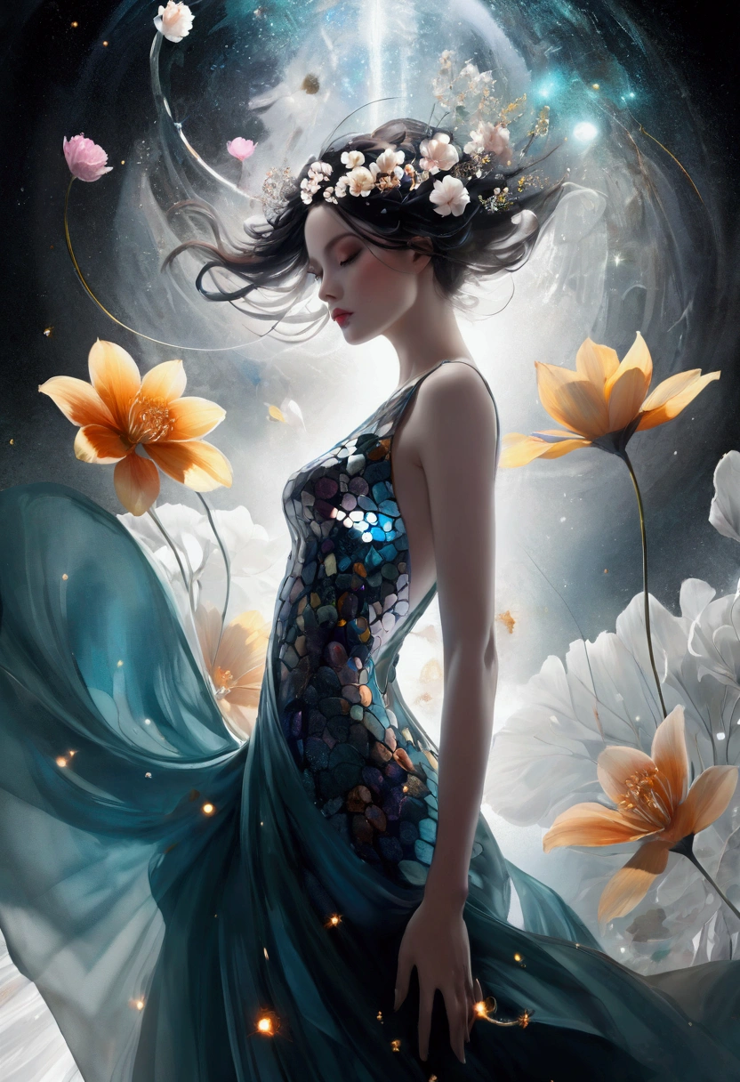 (John Ball Style:0.8),Ashley Wood (Ashley Wood) style of,Lillian Bassman Style, 1 beautiful sexy lady photos，Future Utopia, nebula, Flowers, river, (Double Exposure:1.3) ,Look at it from above, Wearing a brocade dress, Optical illusion, Fantasy Art, Made of iridescent crystal glass mosaic with sub-diffusing mirror，Bokeh sky,Dramatic month, Amazing depth, Complex and detailed fine-cracked surface, stunning atmosphere, Mesmerizing whimsical vibrant landscapes, High Detail, number, complex, 8K,
