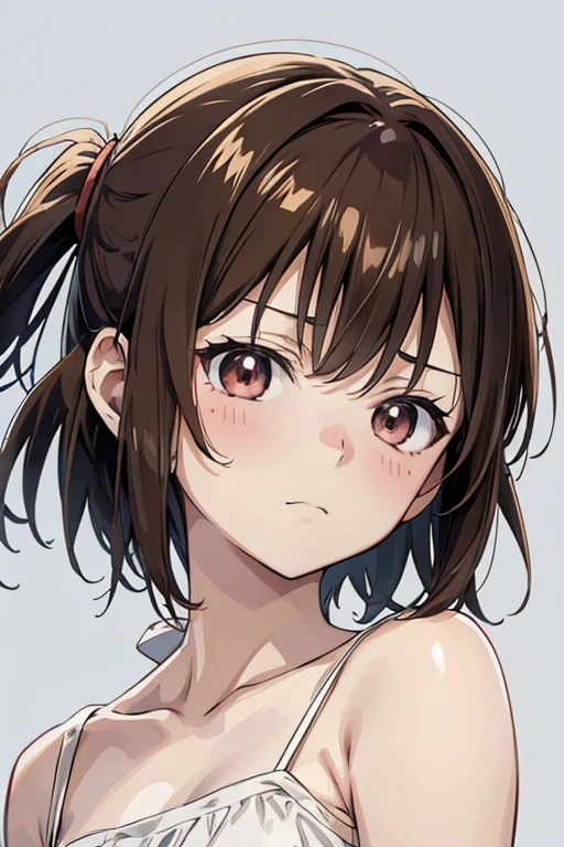 Simple Background,(anime:1.3),1girl,close up face,Brown hair,Two Side Up,(faint smile:1.3),Detailed hair,Detailed face,Detailed explanation,(Sidelong and Upward glance:1.2),