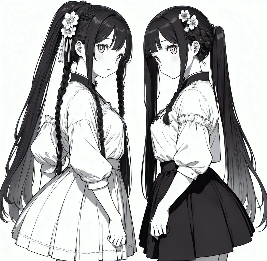 The hair of the girl on the left is changed to black. The pupils of the girl on the right are changed to brown. The top of the girl on the right is changed to a Chinese gauze skirt style, exposing her back. The thin braids of the girl on the right hang down on her chest. There should be a string of small silver bells at the end of the braids of the girl on the right. The girl on the right should have complicated hair accessories. The face of the girl on the left should be thinner, and the hands should not appear. You only need to redraw the other things I mentioned above.