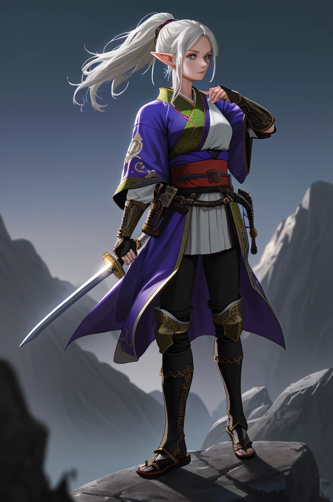 Highest quality，High resolution， ((DQ10)) ，（Elf），Martial Artist，（gun），One person，warrior，（white_armor），purple，kimono，woman，One personで，ponytail，strongest，Anime Style，（Night Sky_background），(Limbs)，(Full Finger)，(Accurate fingertips), (The finer details), (Super detailed)，(Japanese sword:)，4K，(high resolution)，whole body, (Front angle), Looking at the camera,masterpiece，(Subtle details)，(Intricate details)，Octane Rendering，(Hyper Detail)，