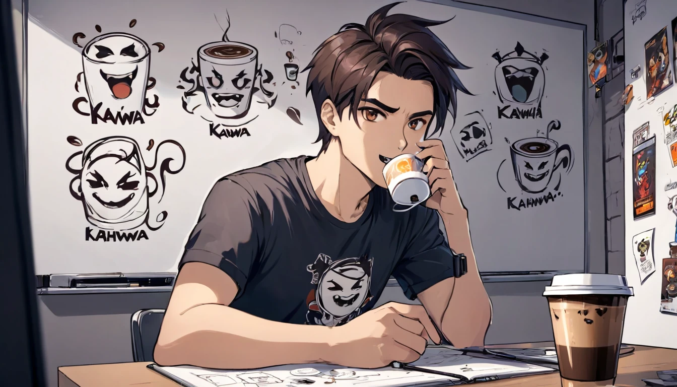 A gamer guys with tshirt has logo Kahwaa and cup of coffé plans on a whiteboard with pictures and papers hung on it, evil dark room , there is a scary faces and Puzzles on the wall,his tshirt has this Kahwaa name, drinking a coffee , big cup than ever