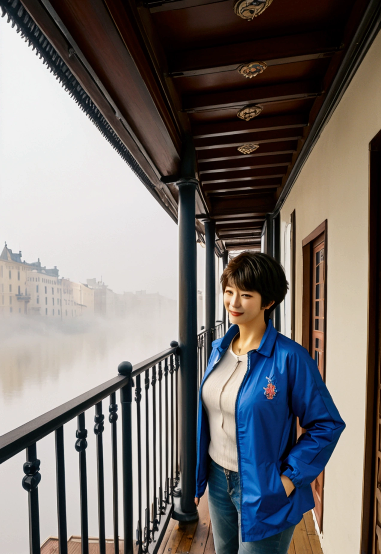 high quality, 1 woman, ((36 years old 건강한 한국 여성)), ((36 years old)), 1 woman, The eyes are big and beautiful. ((slim)), ((short medium hair)), laugh. pose: standing, High-end luxury windbreaker jacket, background: Your residence is a baroque townhouse with a plaster façade and wrought iron railings.... Overlooking the Heidelberg River, Germany, autumn, Morning fog,, looking slightly upward, 1 woman, Full body shot with Canon 16-34 wide angle lens, View: river view, look sideways, There is a thick fog in the river.