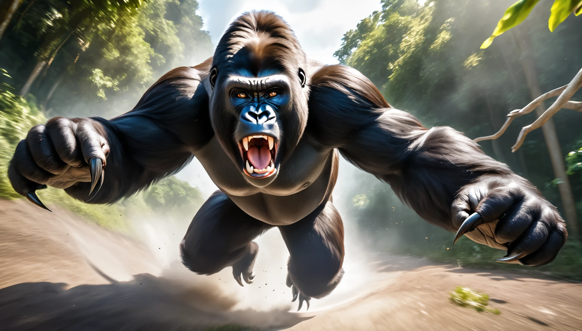 Realistic photos, RAW Photos, gorilla, attacks viewer, Powerful movements, jump on prey, ((Dynamic jump)), Sharp Claws, gorilla approaching from above, sudden approach, Bad-tempered, dynamic Shot from grand