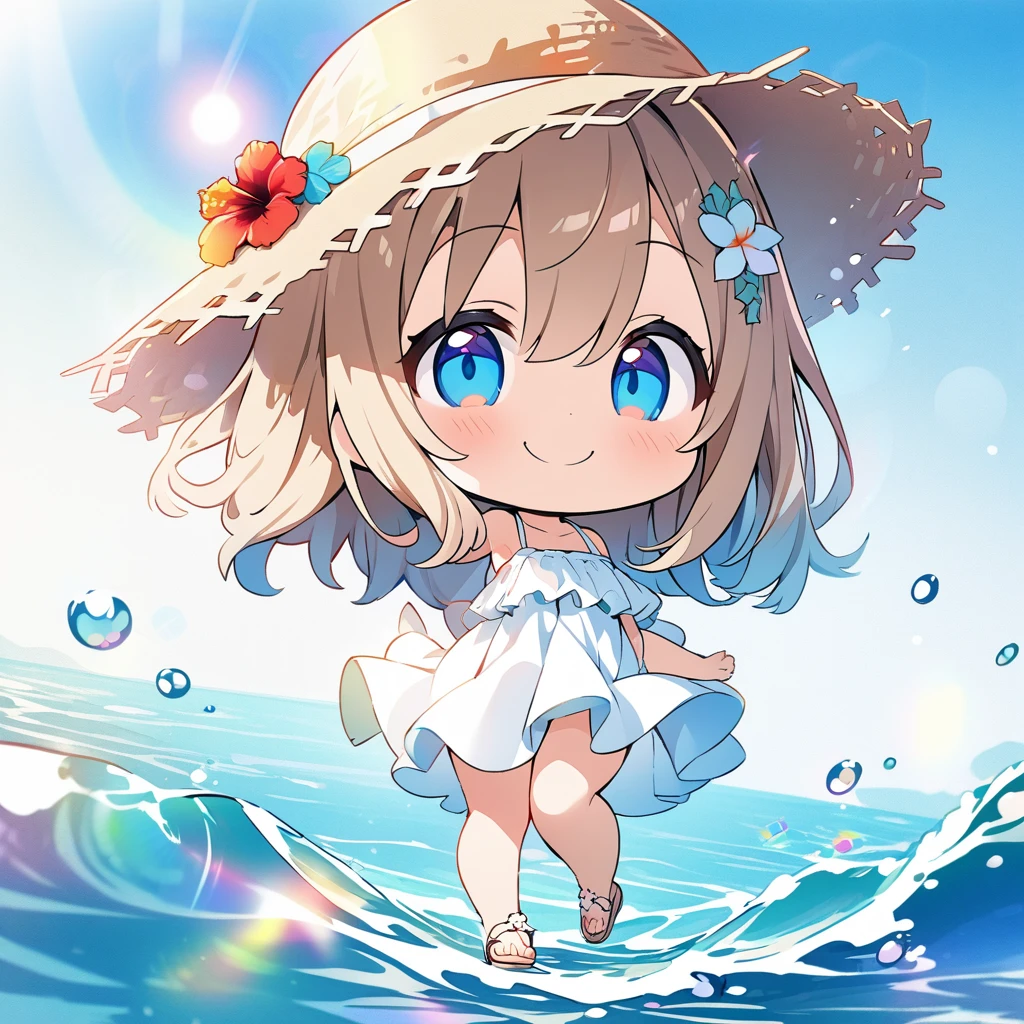 masterpiece, best quality, 4k、2D illustration, one beautiful girl, solo、(((chibi style)))、((vivid colors))、cute chibi, lovely chibi、((colorful))、((long beautiful hair)), glossy light brown hair, hair between eyes, cute, beautifully detailed eyes、((white summer dress))、((straw hat))、hibiscus hair ornament, flip-flops, ((happy smile))、((full body shot))、((summer beach))、((calm sea))、((blue sky))、sunbeam, white light, ((lens flare)), ((high color saturation)), 