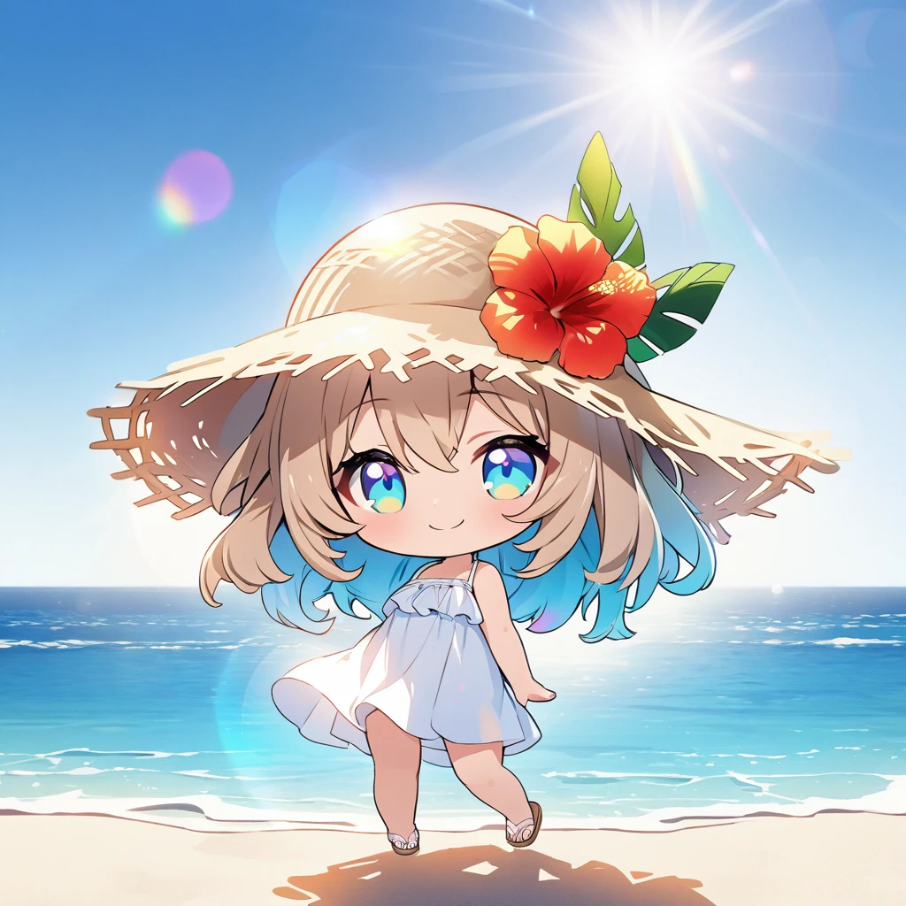 masterpiece, best quality, 4k、2D illustration, one beautiful girl, solo、(((chibi style)))、((vivid colors))、cute chibi, lovely chibi、((colorful))、((long beautiful hair)), glossy light brown hair, hair between eyes, cute, beautifully detailed eyes、((white summer dress))、((straw hat))、hibiscus hair ornament, flip-flops, ((happy smile))、((full body shot))、((summer beach))、((calm sea))、((blue sky))、sunbeam, white light, ((lens flare)), ((high color saturation)),