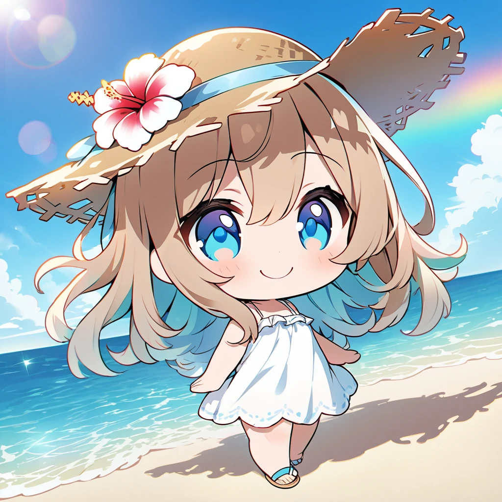masterpiece, best quality, 4k、2D illustration, one beautiful girl, solo、(((chibi style)))、((vivid colors))、cute chibi, lovely chibi、((colorful))、((long beautiful hair)), glossy light brown hair, hair between eyes, cute, beautifully detailed eyes、((white summer dress))、((straw hat))、hibiscus hair ornament, flip-flops, ((happy smile))、((full body shot))、((summer beach))、((calm sea))、((blue sky))、sunbeam, white light, ((lens flare)), ((high color saturation)), 